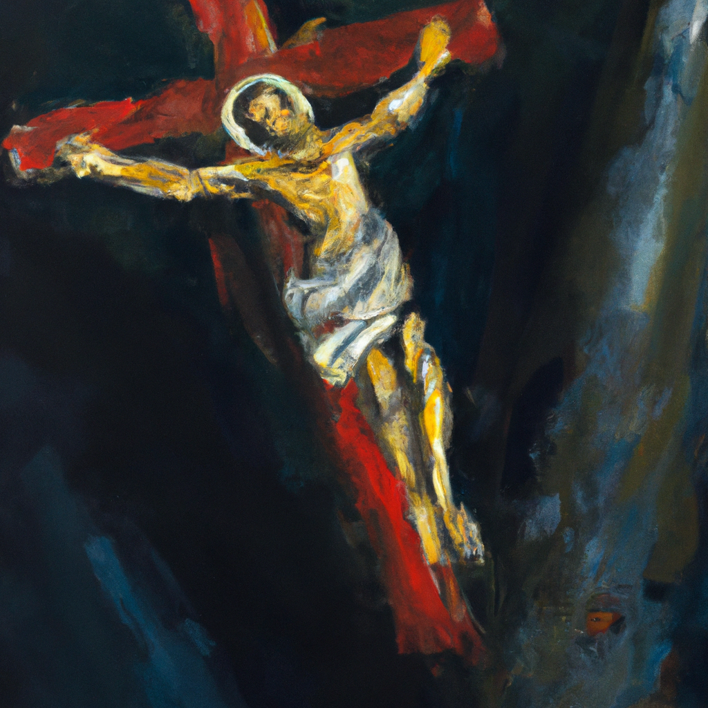 Image generated from Dall.e prompt 'An expressive oil painting of Jesus lifted on a cross, a beacon of love, illuminating darkness with truth and salvation.'