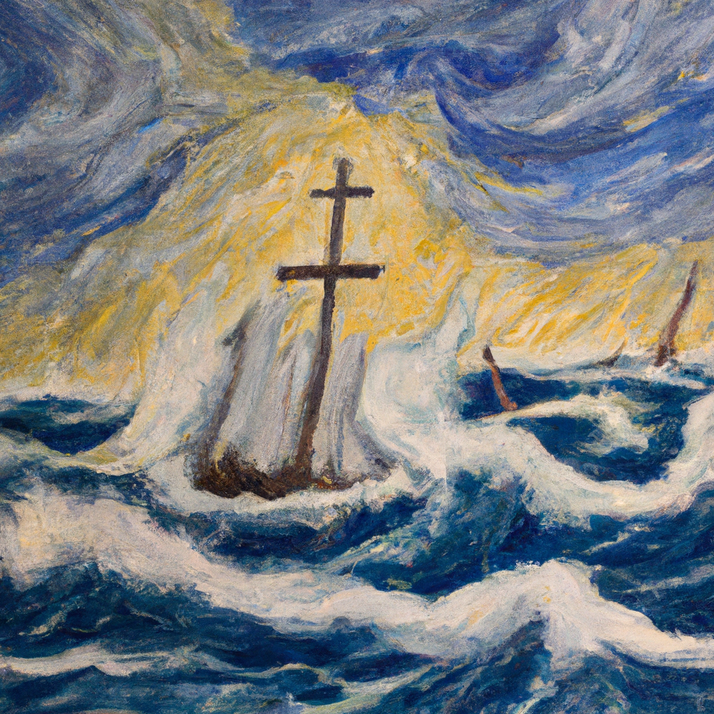 Image generated from Dall.e prompt 'An expressive oil painting of A stormy sea, sailors tossed about, then rescued and brought to a safe harbor by God's steadfast love.'