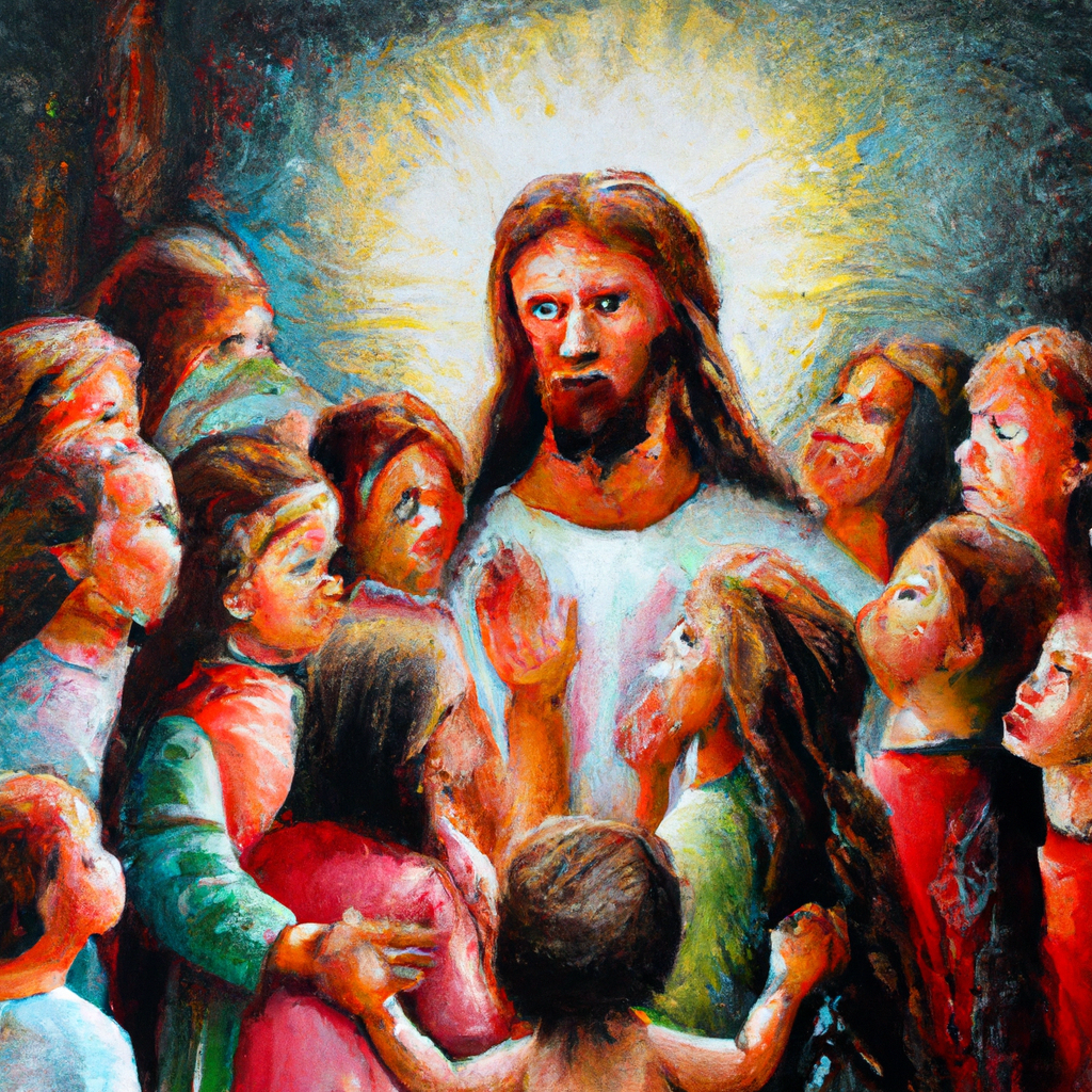 Image generated by AI from Dall.e prompt 'An expressive oil painting of Jesus surrounded by children, embracing them with love and kindness, while the disciples watch in awe and admiration.'