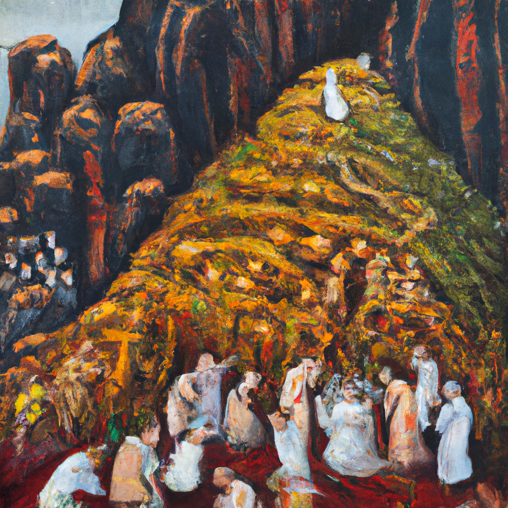 Image generated from Dall.e prompt 'An expressive oil painting of A banquet on a mountain for all people, wiping away tears, removing disgrace, and death swallowed up forever.'