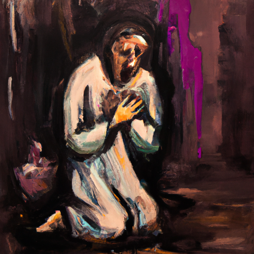 Image generated from Dall.e prompt 'An expressive oil painting of A broken hearted man kneeling, tearful plea for mercy and forgiveness amidst darkness and despair.'