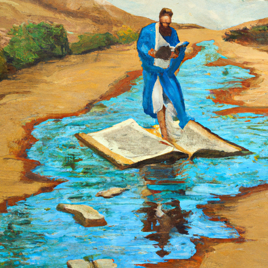 Image generated by AI from Dall.e prompt 'An expressive oil painting of A man on a desert road, reading the scriptures with joy, then baptized in a pool of water.'