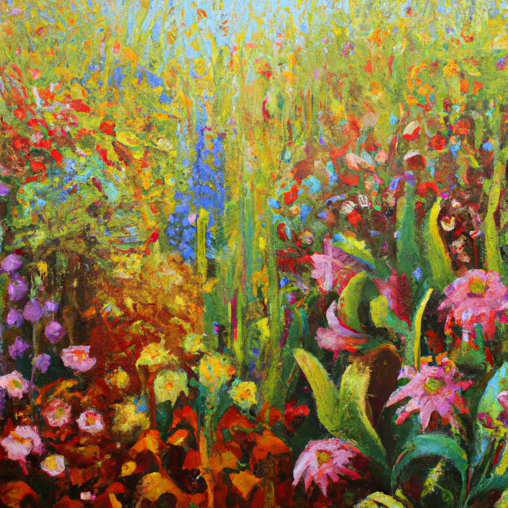 Image generated from Dall.e prompt 'An expressive oil painting of A garden filled with diverse flowers, each beautiful in its own way, blooming and growing under the warm sun.'