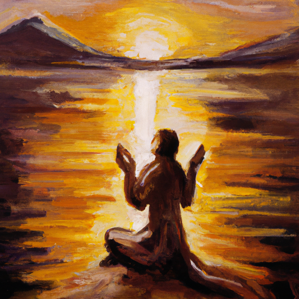 Image generated from Dall.e prompt 'An expressive oil painting of A peaceful, glowing sunset over calm waters, with a figure praying in the warm light.'