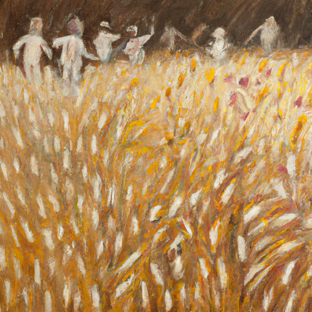 Image generated by AI from Dall.e prompt 'An expressive oil painting of A group of people walking through a wheat field, plucking the heads and eating them as they go.'