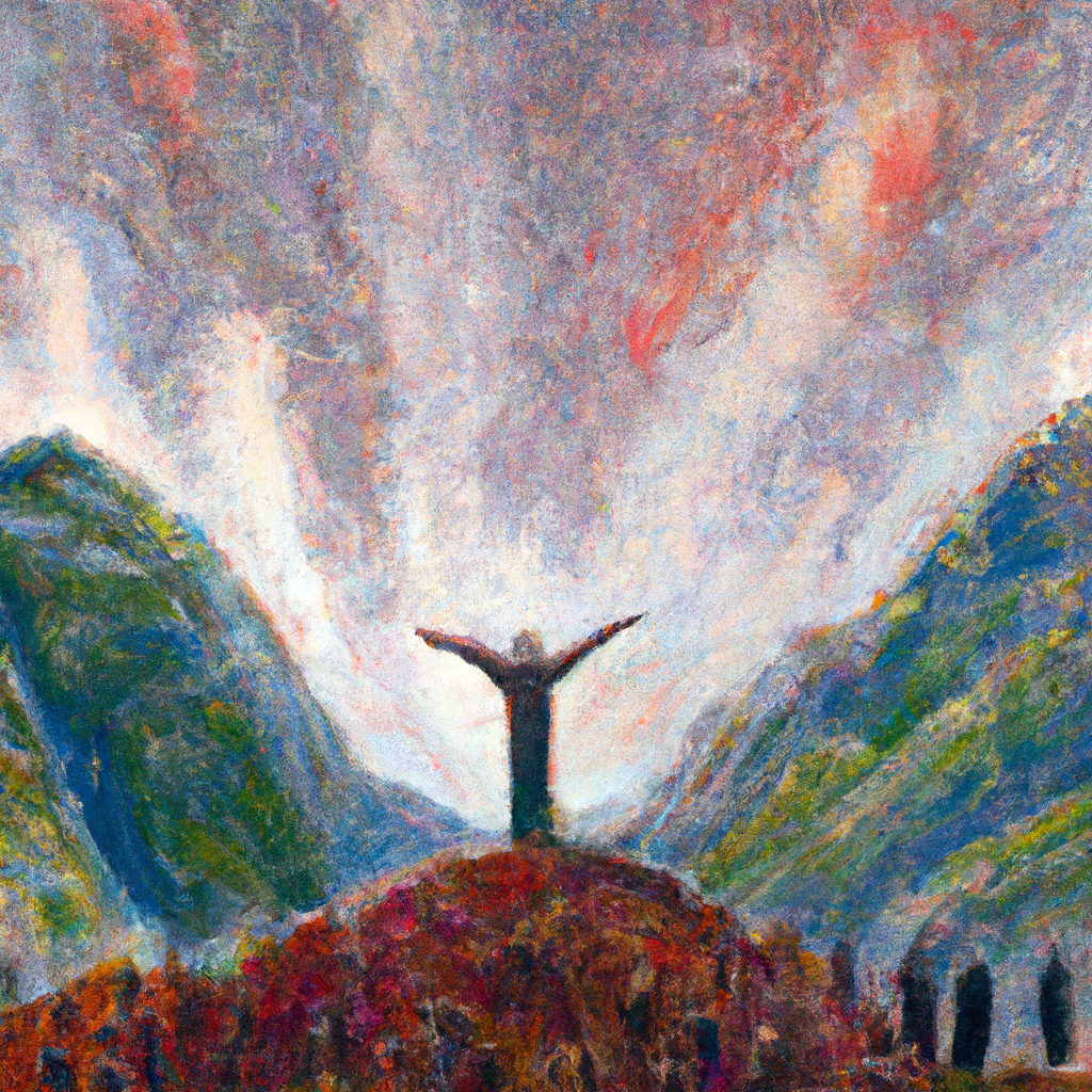 Image generated from Dall.e prompt 'An expressive oil painting of A person standing on a mountain, arms outstretched, with a crowd below them, looking up in awe and wonder.'