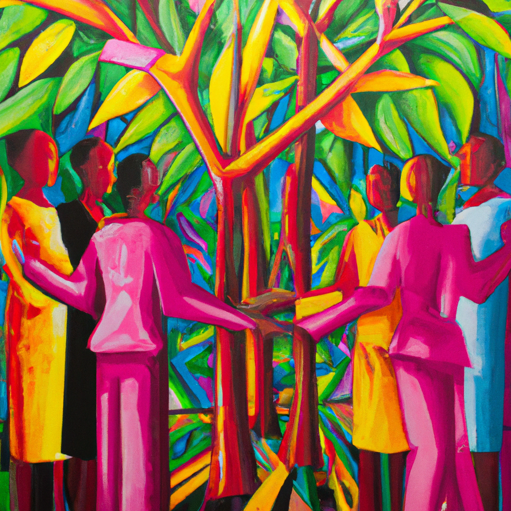 Image generated from Dall.e prompt 'An expressive oil painting of People sharing possessions, unity, generosity, and care for others in a strong community bond.'