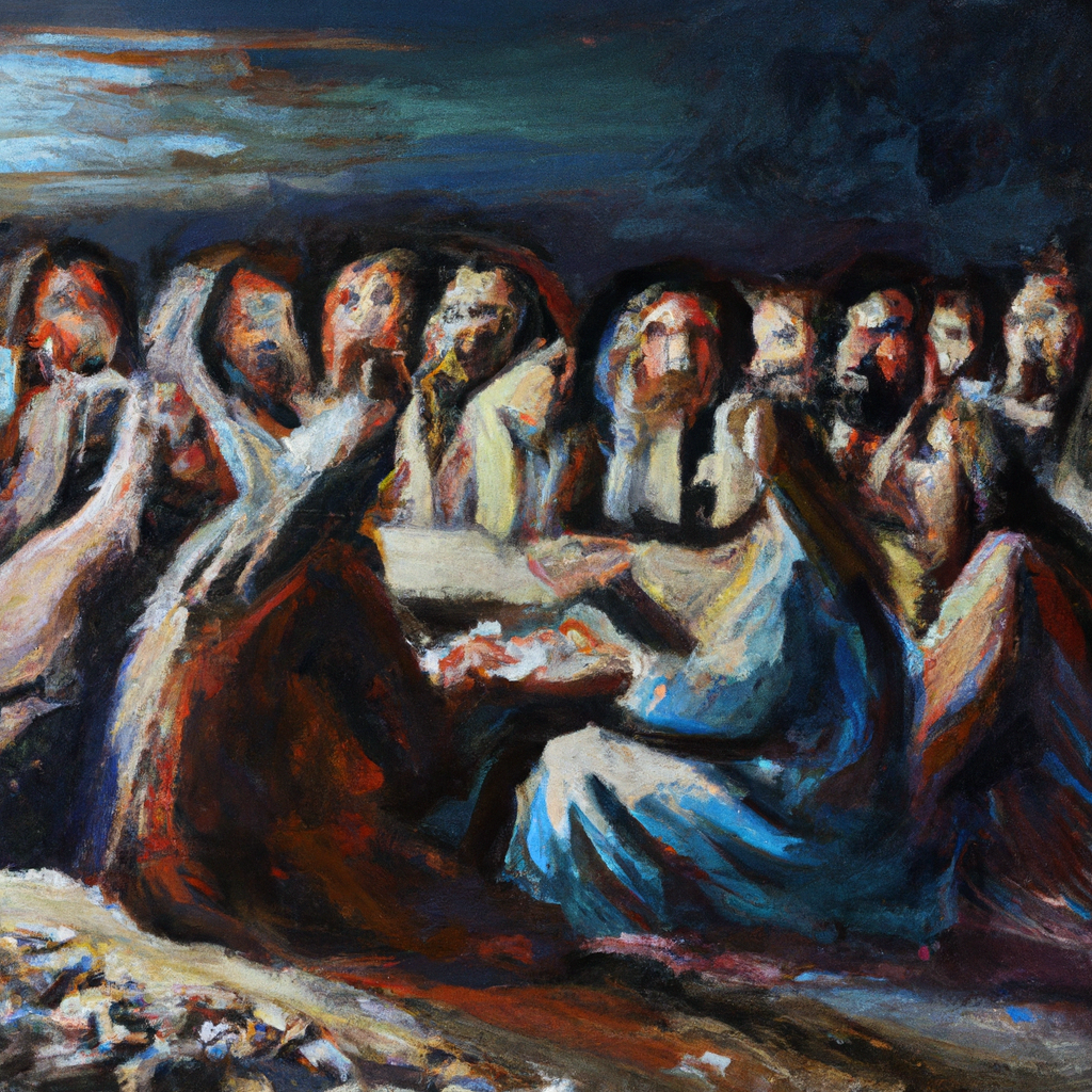 Image generated by AI from Dall.e prompt 'An expressive oil painting of Disciples startled, Jesus appears, eats with them, explains scriptures, opens minds, sends witnesses.'