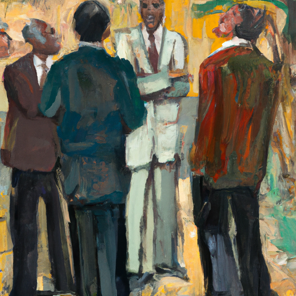 Image generated from Dall.e prompt 'An expressive oil painting of Two men standing before leaders, speaking with boldness and authority, while others watch intently.'