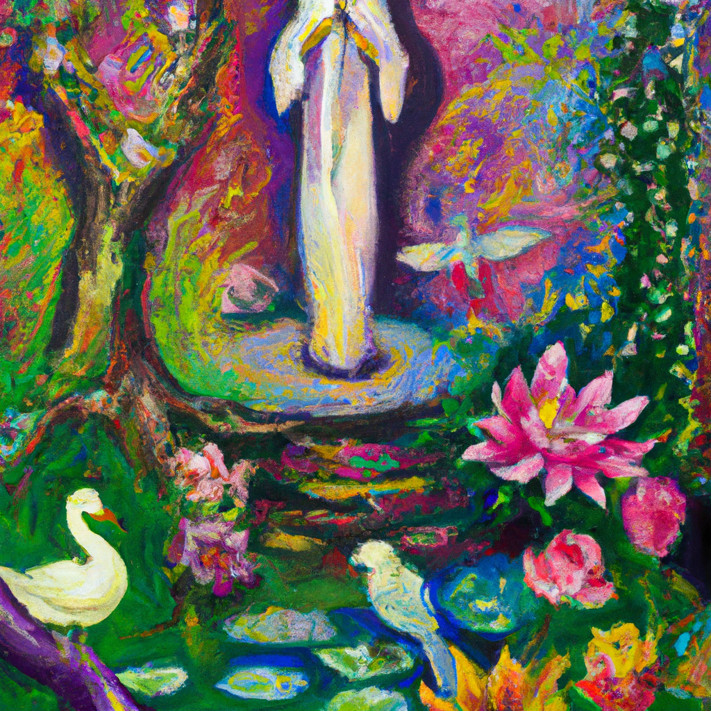 Image generated by AI from Dall.e prompt 'An expressive oil painting of A colorful garden with birds, lilies, and a figure in prayer, surrounded by words of comfort and reassurance.'