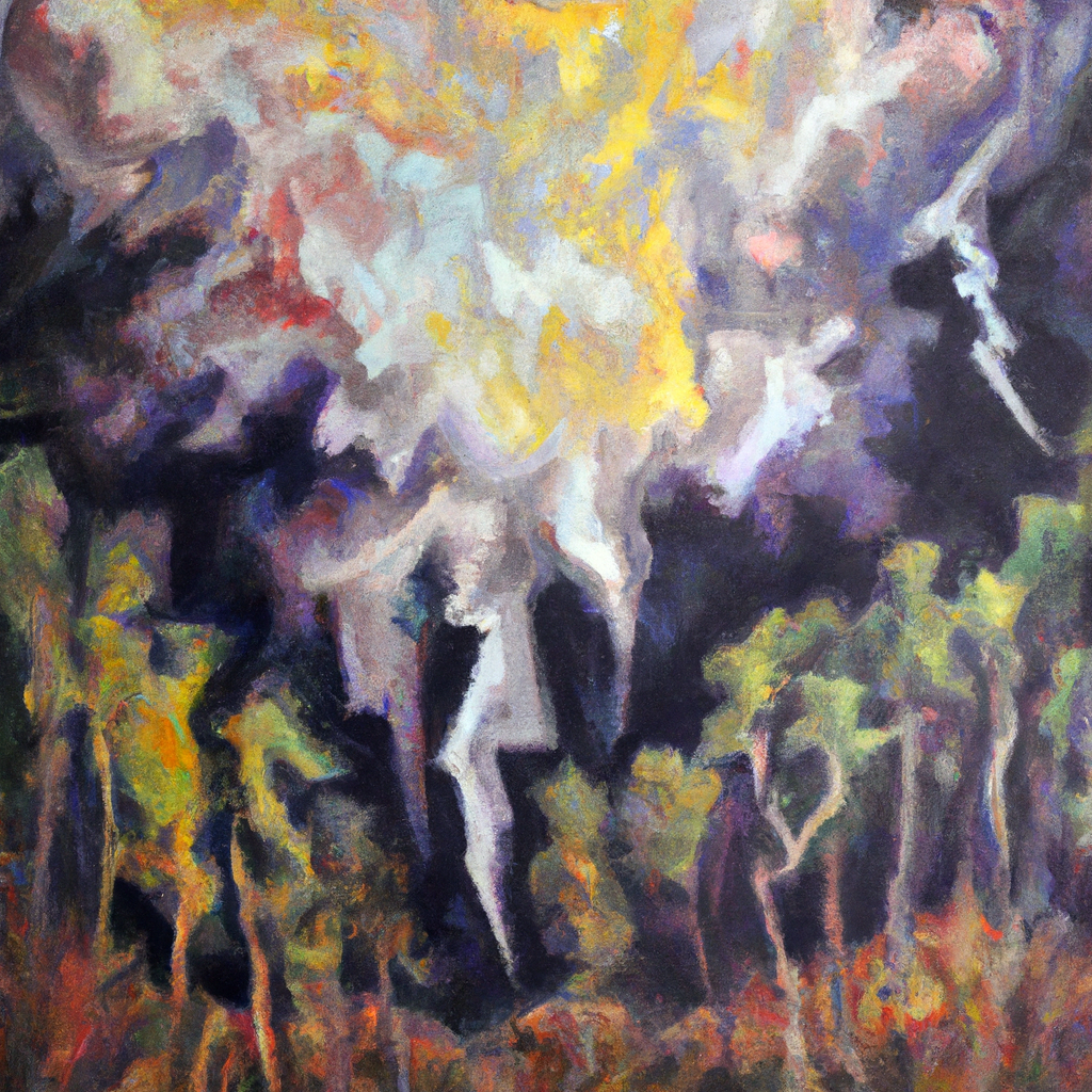 Image generated from Dall.e prompt 'An expressive oil painting of Powerful storm over mighty forest, shaking trees and scattering animals, as voice of the Lord thunders through.'