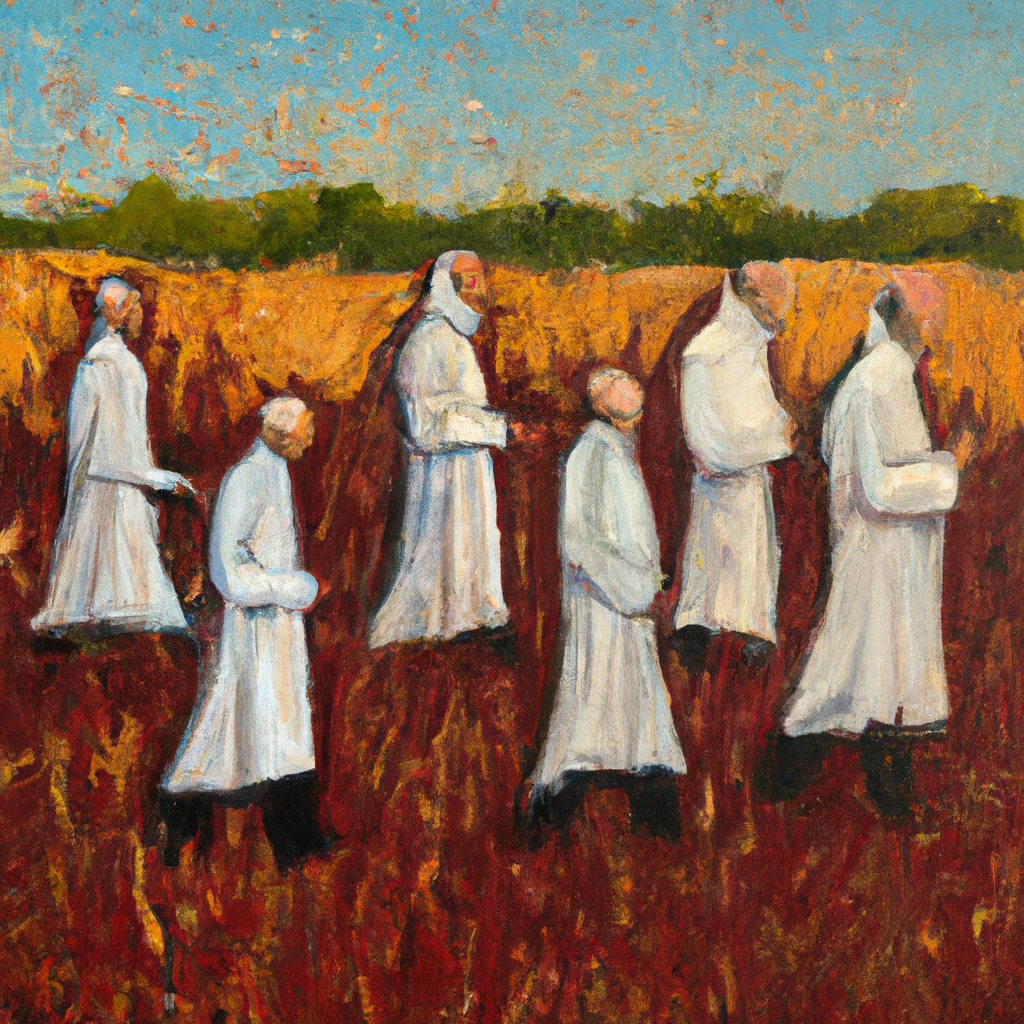 Image generated from Dall.e prompt 'An expressive oil painting of A group of men walking through a field, plucking grains. Religious leaders scowling, watching closely.'