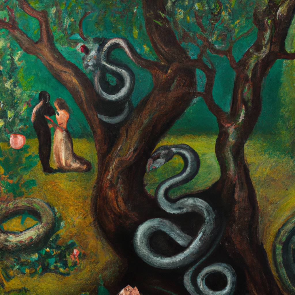 Image generated by AI from Dall.e prompt 'An expressive oil painting of A garden with a serpent coiled around a tree, a man and a woman hiding in shame.'