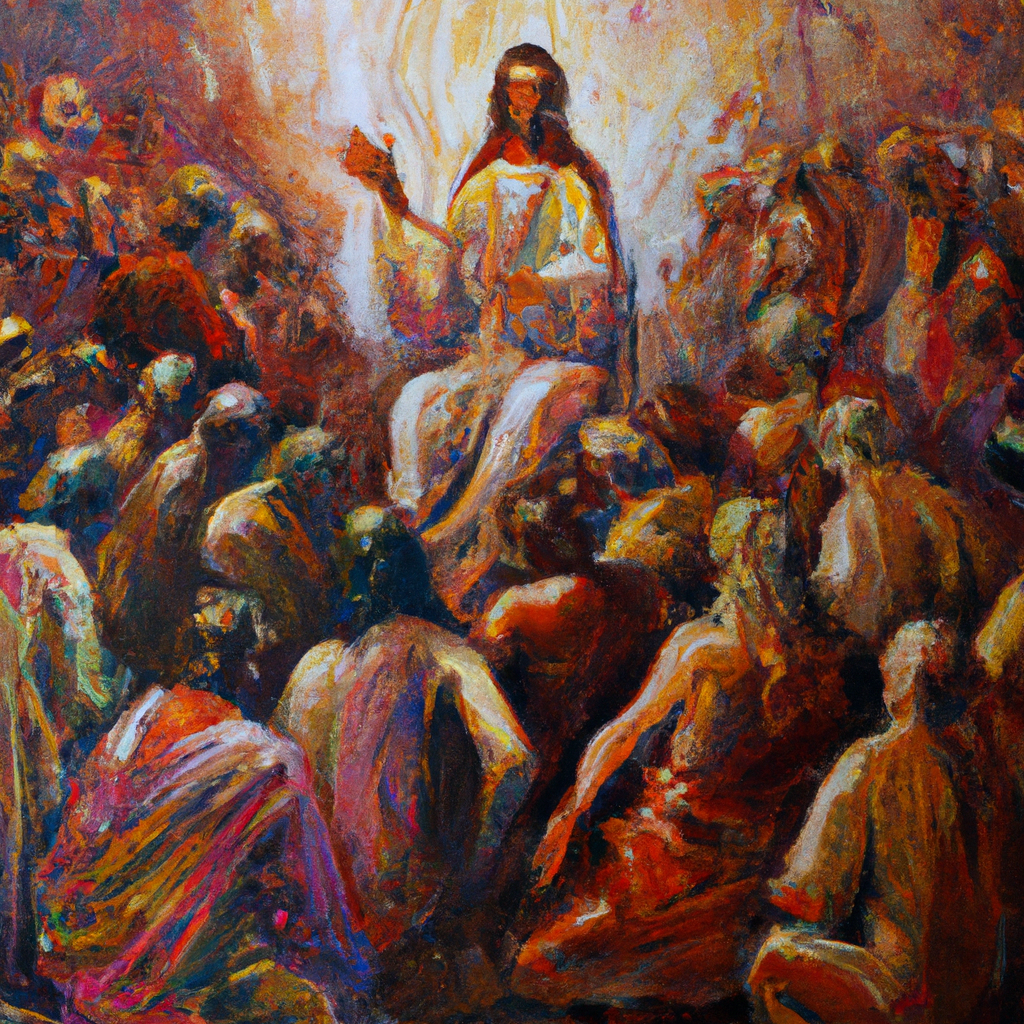 Image generated from Dall.e prompt 'An expressive oil painting of Crowds press in on Jesus, his family worries for him. Religious leaders accuse him of being possessed.'