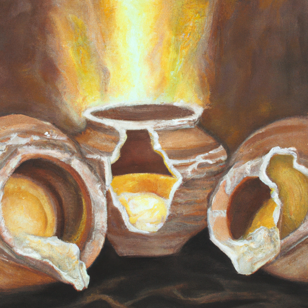 Image generated from Dall.e prompt 'An expressive oil painting of Radiant light shines through cracked clay pots, revealing treasure within. Enduring trials, never crushed; always carrying Jesus' life.'