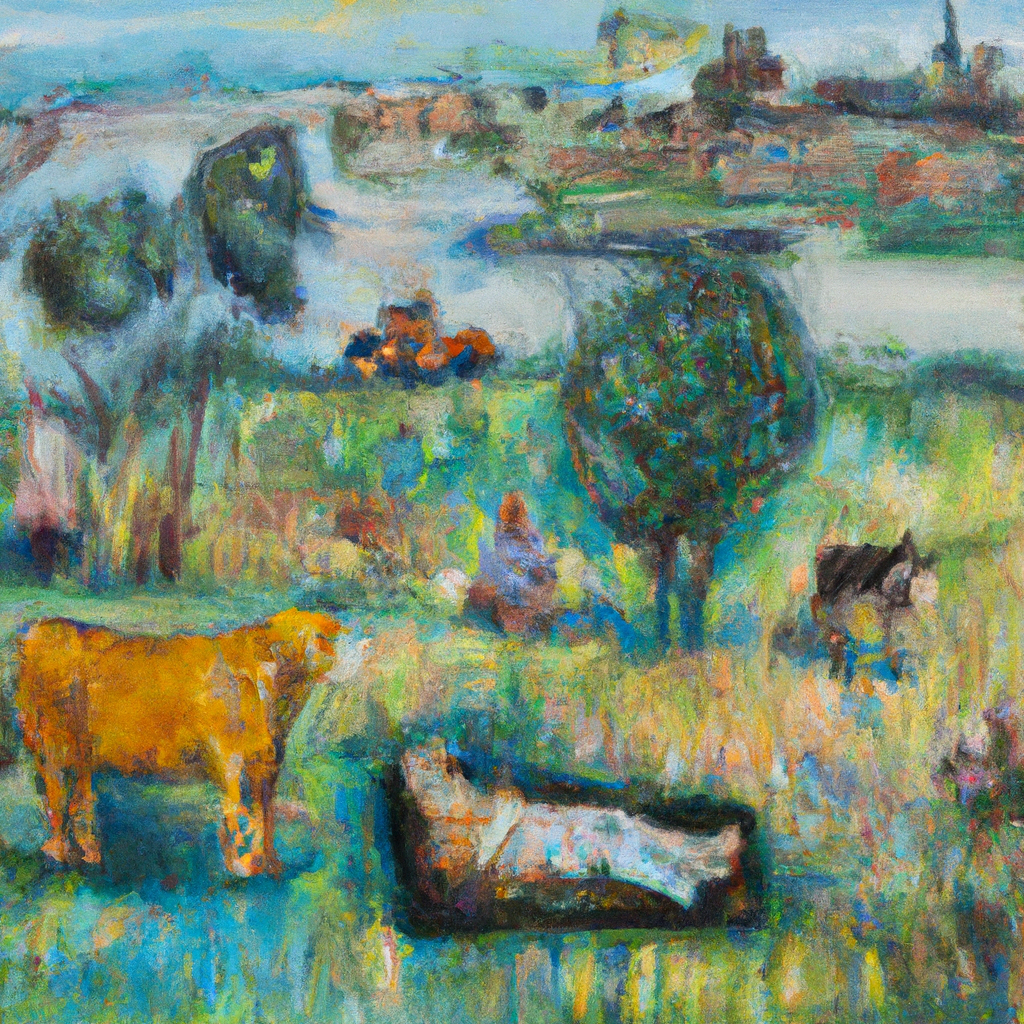 Image generated by AI from Dall.e prompt 'An expressive oil painting of A scene of rest and peace, with people and animals taking a break from work on a sunny day.'