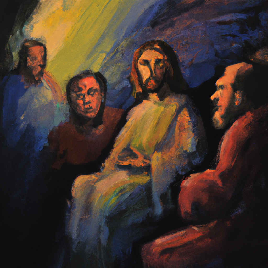 Image generated from Dall.e prompt 'An expressive oil painting of A man seeking wisdom visits Jesus at night, listening intently as the teacher speaks about salvation and eternal life.'