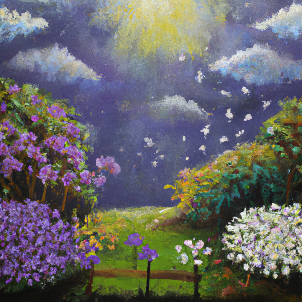 Image generated from Dall.e prompt 'An expressive oil painting of A beautiful garden bursting with flowers, rain falling gently, birds singing, and the sun breaking through the clouds.'