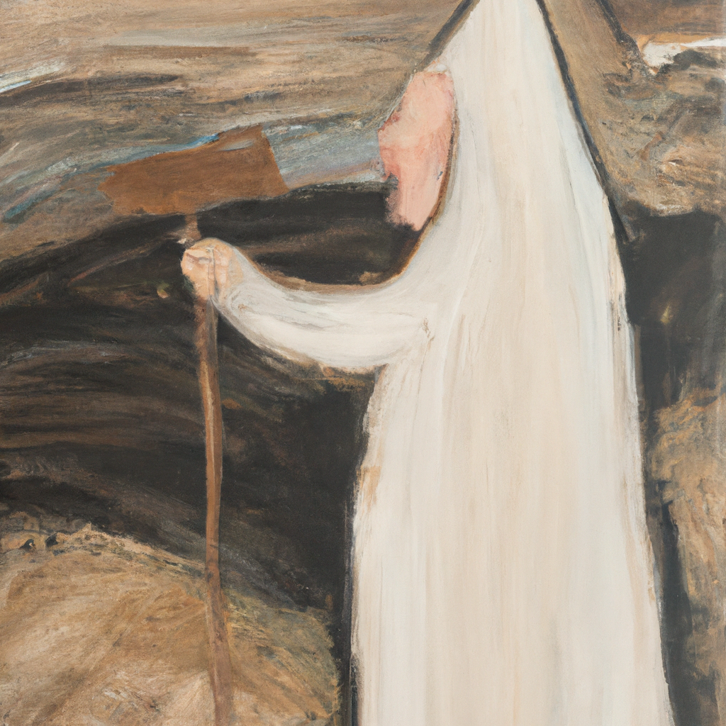 Image generated by AI from Dall.e prompt 'An expressive oil painting of A figure with a firm stance, holding a scroll, faces a rebellious people in a desolate land.'