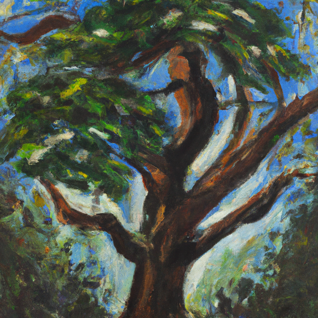 Image generated by AI from Dall.e prompt 'An expressive oil painting of A grand and lush tree rising high, offering shade and shelter to all creatures in its branches.'