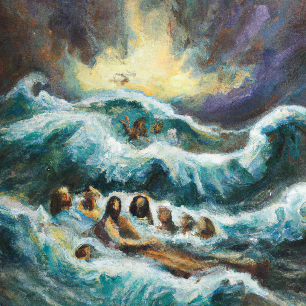 Image generated from Dall.e prompt 'An expressive oil painting of Stormy sea, frightened disciples, Jesus calmly asleep, dramatic awakening, calming the wind and waves, stunned disciples in awe.'