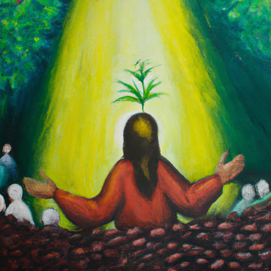 Image generated from Dall.e prompt 'An expressive oil painting of Jesus speaking to crowd about small seed growing into large plant, illustrating growth of God's kingdom.'