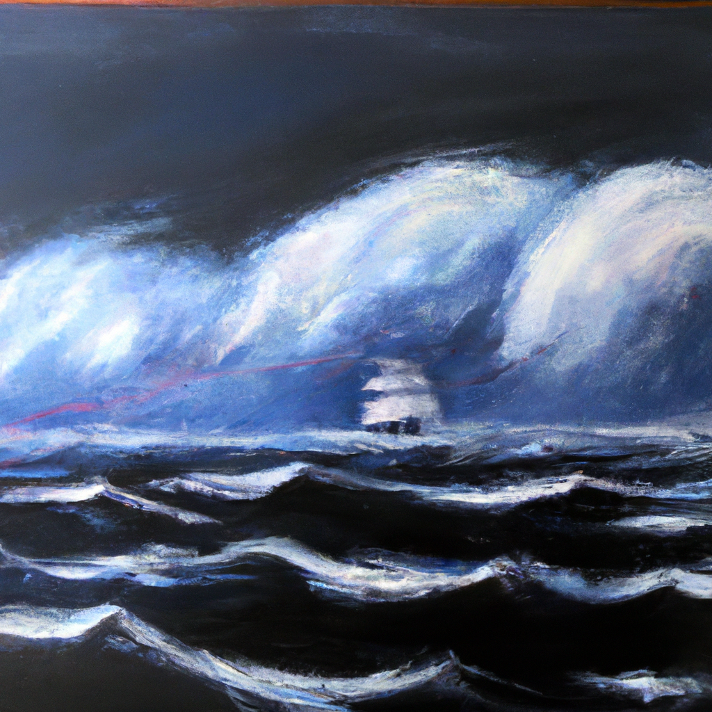 Image generated from Dall.e prompt 'An expressive oil painting of A vast sea with troubled waters, a ship tossed about, then stillness as the storm subsides.'