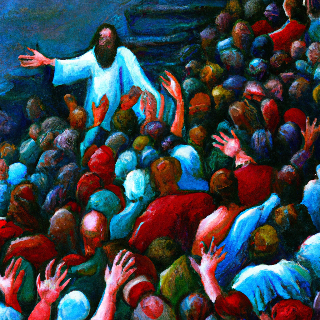 Image generated from Dall.e prompt 'An expressive oil painting of A crowd surrounds a desperate man seeking help. Jesus arrives, healing the sick and bringing hope to the hopeless.'