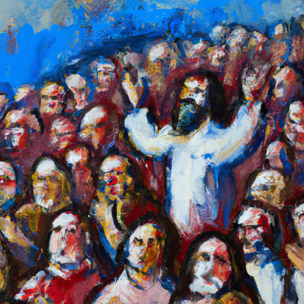 Image generated from Dall.e prompt 'An expressive oil painting of Crowd astonished, hometown skeptical. Jesus teaches, disciples sent, healings and exorcisms. Minimal possessions, reliance on hospitality, total trust.'