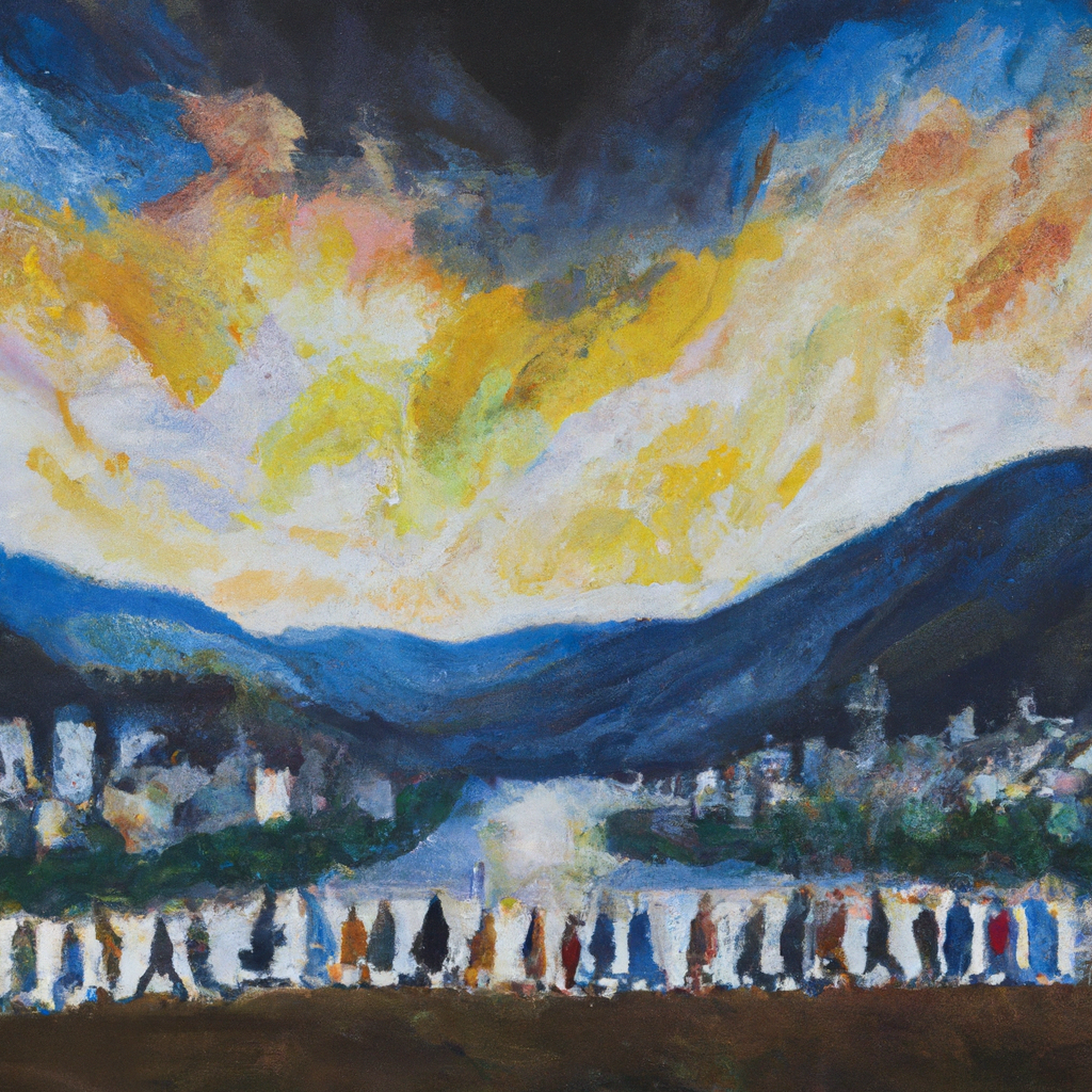 Image generated from Dall.e prompt 'An expressive oil painting of A group of believers walking confidently towards a radiant city, eager to be reunited with the Lord.'