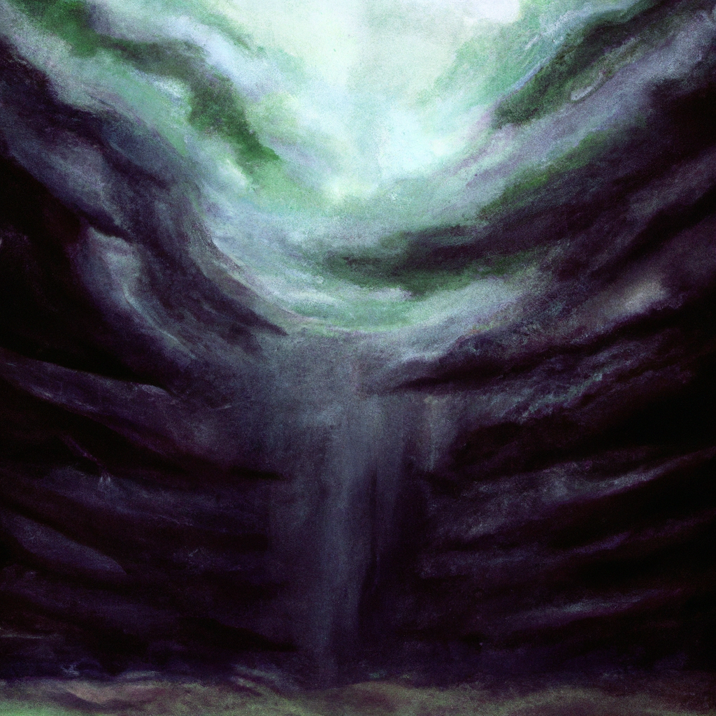 Image generated by AI from Dall.e prompt 'An expressive oil painting of A majestic storm sweeps across a dark sky, thundering and raging, as the earth trembles in awe.'