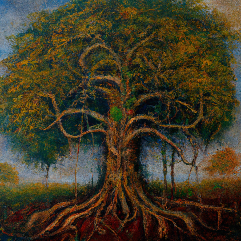 Image generated from Dall.e prompt 'An expressive oil painting of A tall tree with many branches, each bearing different fruit, all connected by strong roots in the ground.'