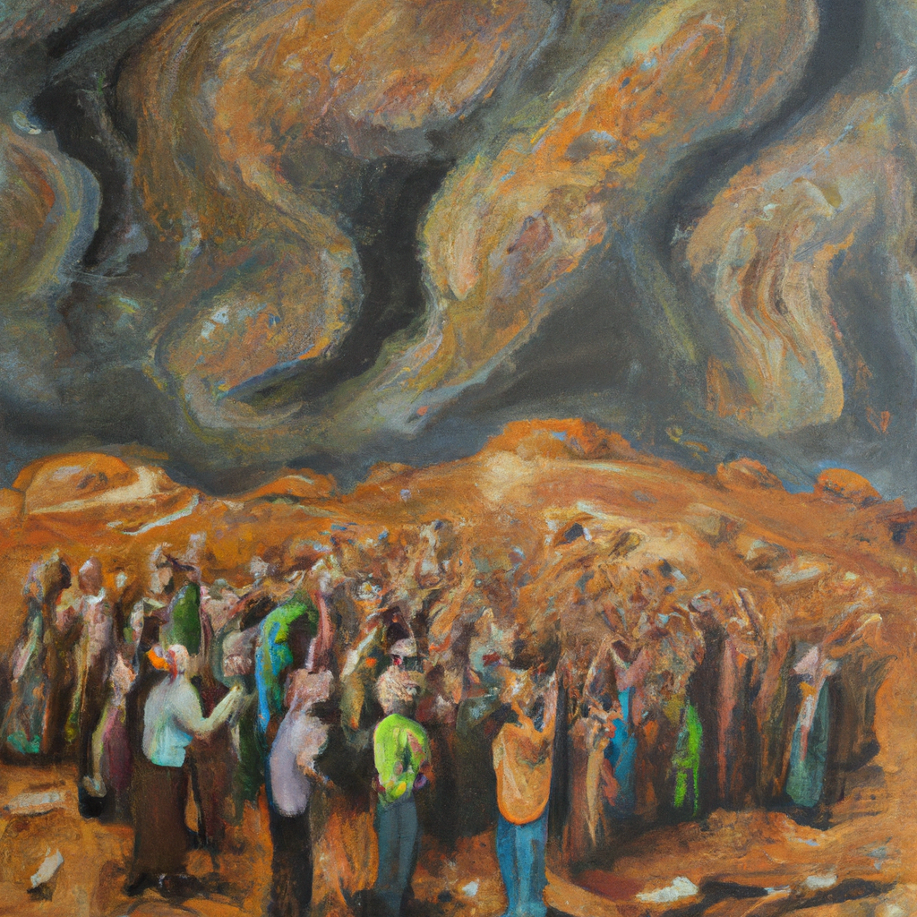 Image generated by AI from Dall.e prompt 'An expressive oil painting of A group of people in a desert, looking to the sky as food falls from above.'