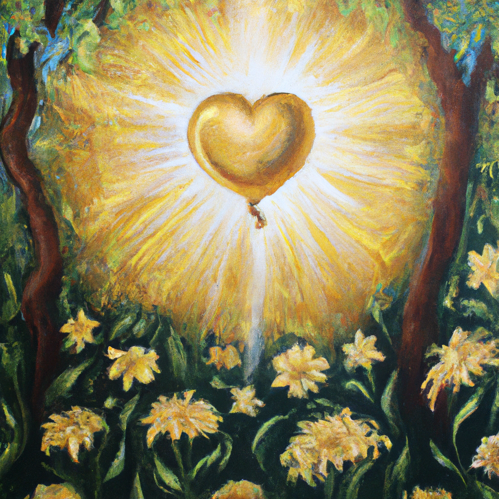 Image generated from Dall.e prompt 'An expressive oil painting of A glowing golden heart, radiating energy and light, surrounded by a peaceful garden of blooming flowers and trees.'