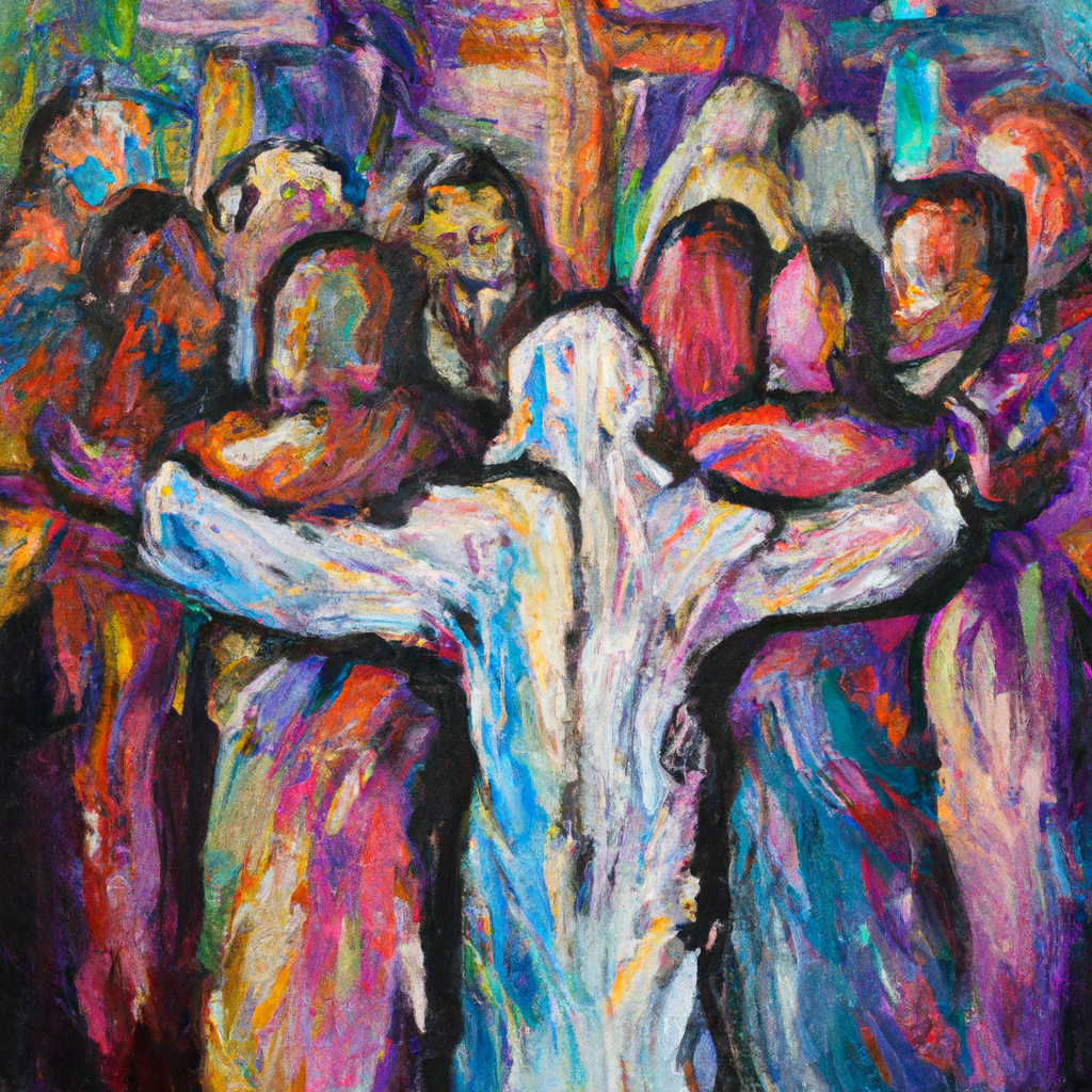 Image generated from Dall.e prompt 'An expressive oil painting of A diverse group of people standing together, united as one in Christ, breaking down barriers and embracing peace.'