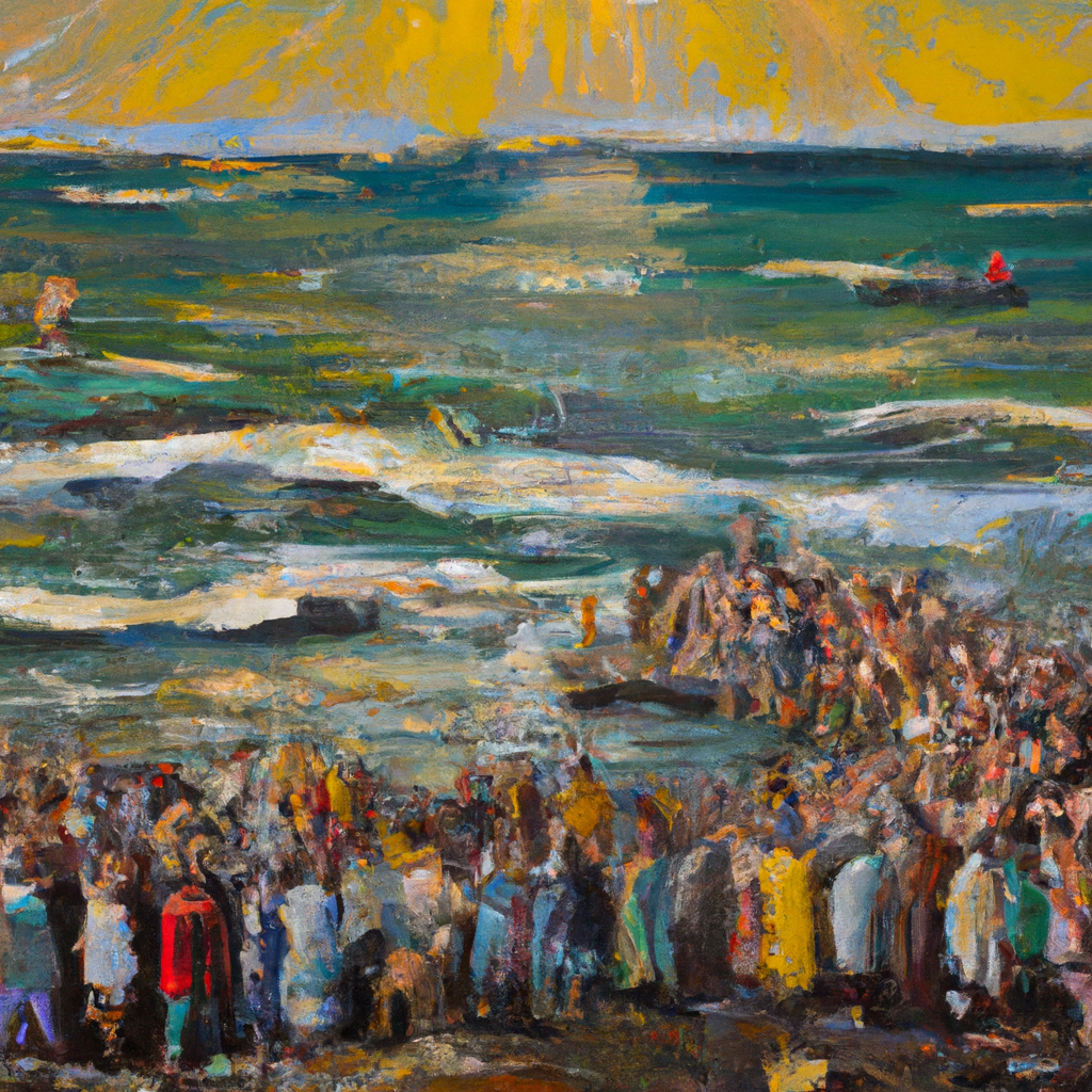 Image generated from Dall.e prompt 'An expressive oil painting of A peaceful scene with a large crowd gathering by the sea, watching as Jesus miraculously feeds them with bread and fish.'