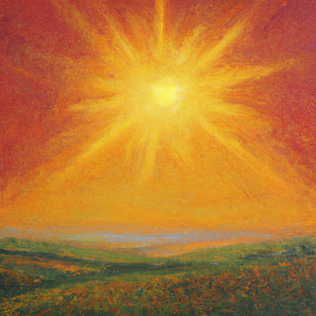 Image generated from Dall.e prompt 'An expressive oil painting of A radiant sun shining over a vast, fertile land, enveloping all in its warm and comforting embrace.'