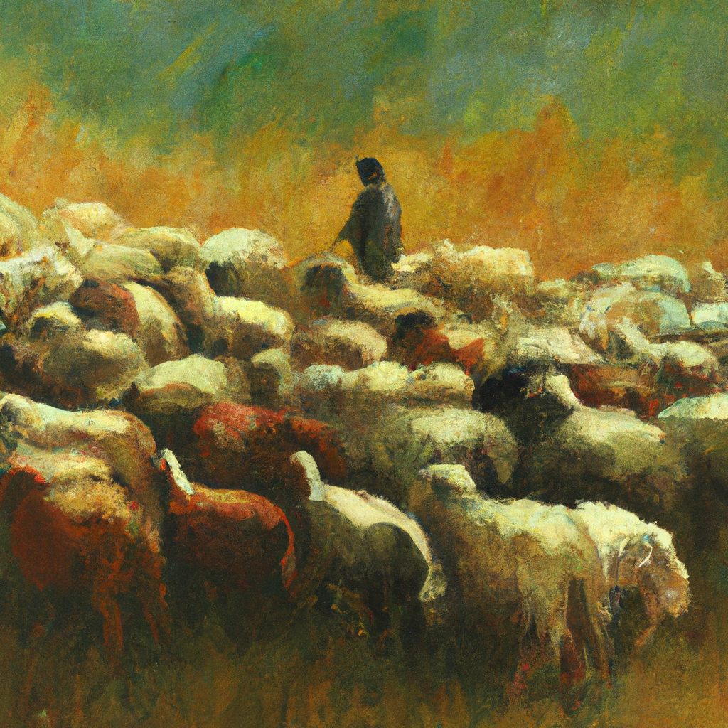 Image generated by AI from Dall.e prompt 'An expressive oil painting of Shepherd gathers scattered flock, nurturing and guiding them to safety and abundance, in a peaceful, prosperous land.'