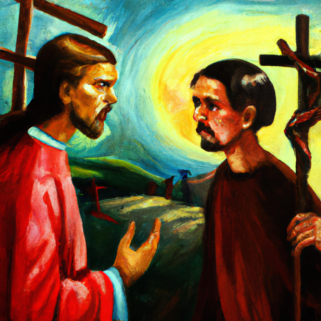 Image generated by AI from Dall.e prompt 'An expressive oil painting of Conflict between Peter and Paul, illustrating the struggle and resolution of legalism versus faith in Christ.'