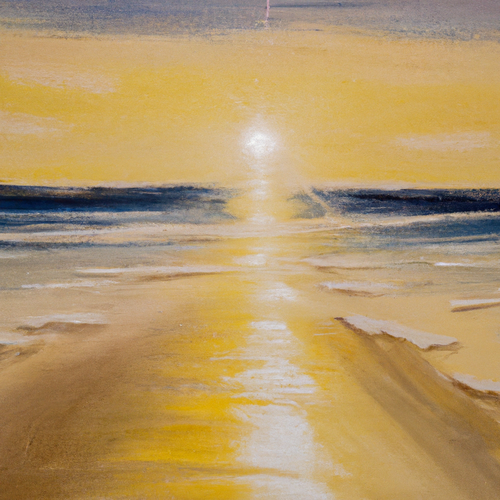 Image generated by AI from Dall.e prompt 'An expressive oil painting of A radiant sunrise over a peaceful beach, casting love's shadow on the glistening sand and calm waters.'