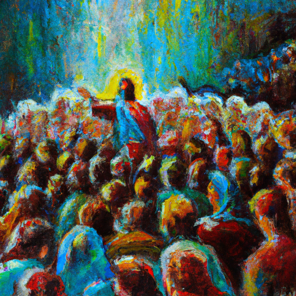 Image generated from Dall.e prompt 'An expressive oil painting of Crowds follow Jesus, seeking more miracles. He offers eternal life like bread, satisfying spiritual hunger.'