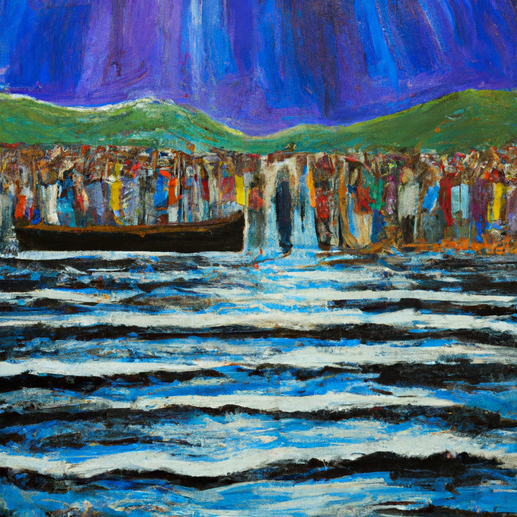 Image generated from Dall.e prompt 'An expressive oil painting of A crowd gathered as the boat landed on shore, seeking Jesus' guidance and healing, their hope shining through.'