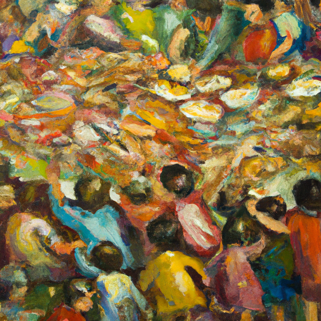 Image generated by AI from Dall.e prompt 'An expressive oil painting of A crowd gathers as a small amount of food miraculously multiplies, leaving everyone satisfied and grateful.'