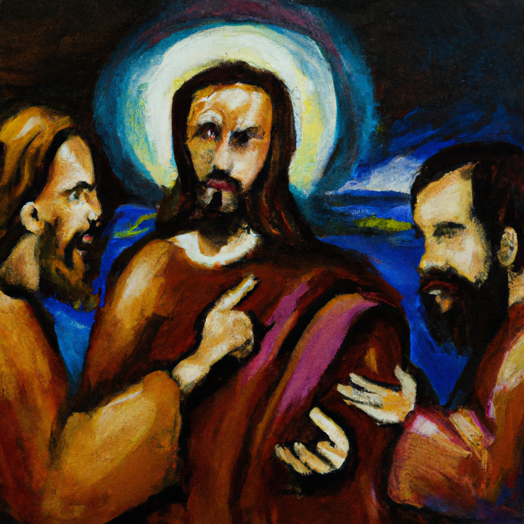 Image generated from Dall.e prompt 'An expressive oil painting of Religious leaders criticize Jesus, but he explains that inner evil defiles a person, not external actions.'