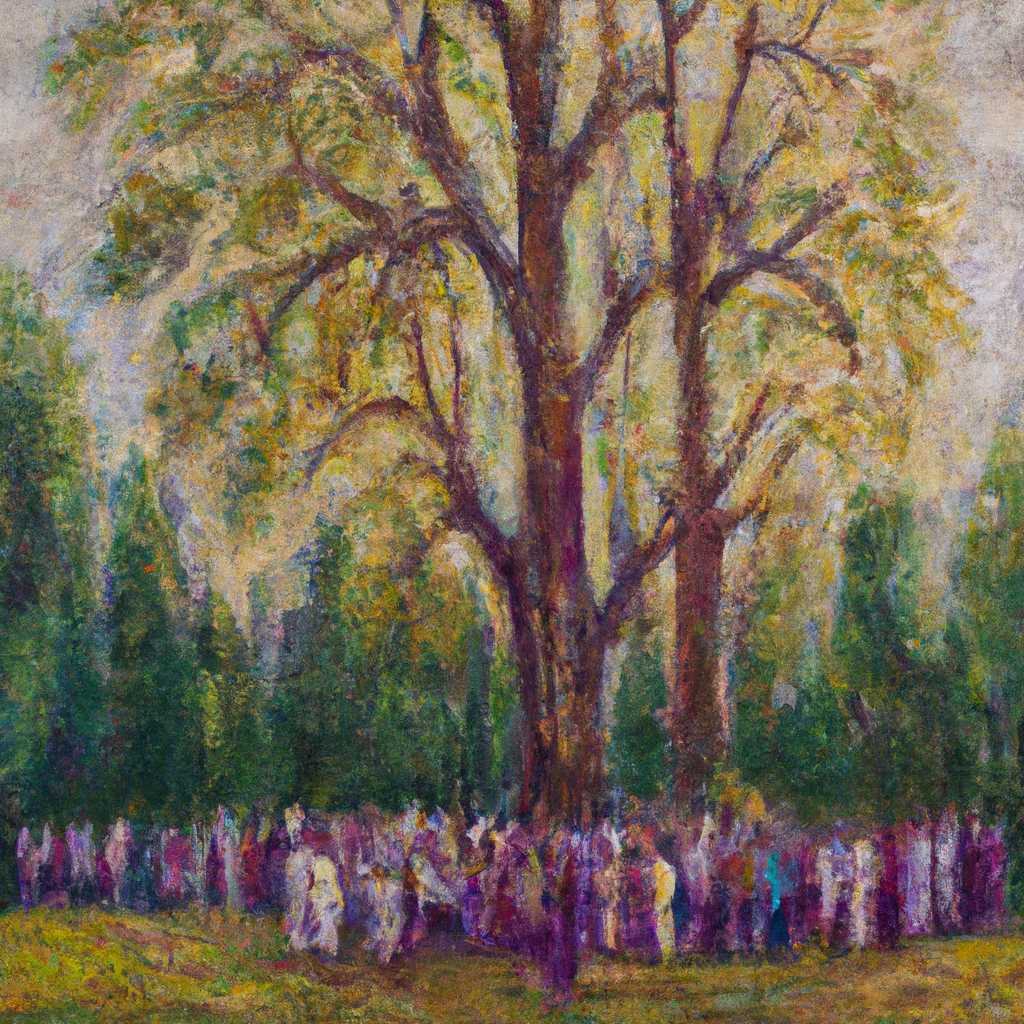 Image generated by AI from Dall.e prompt 'An expressive oil painting of Gathering of people, standing before a towering tree, making choices, pledging loyalty, and receiving blessings.'