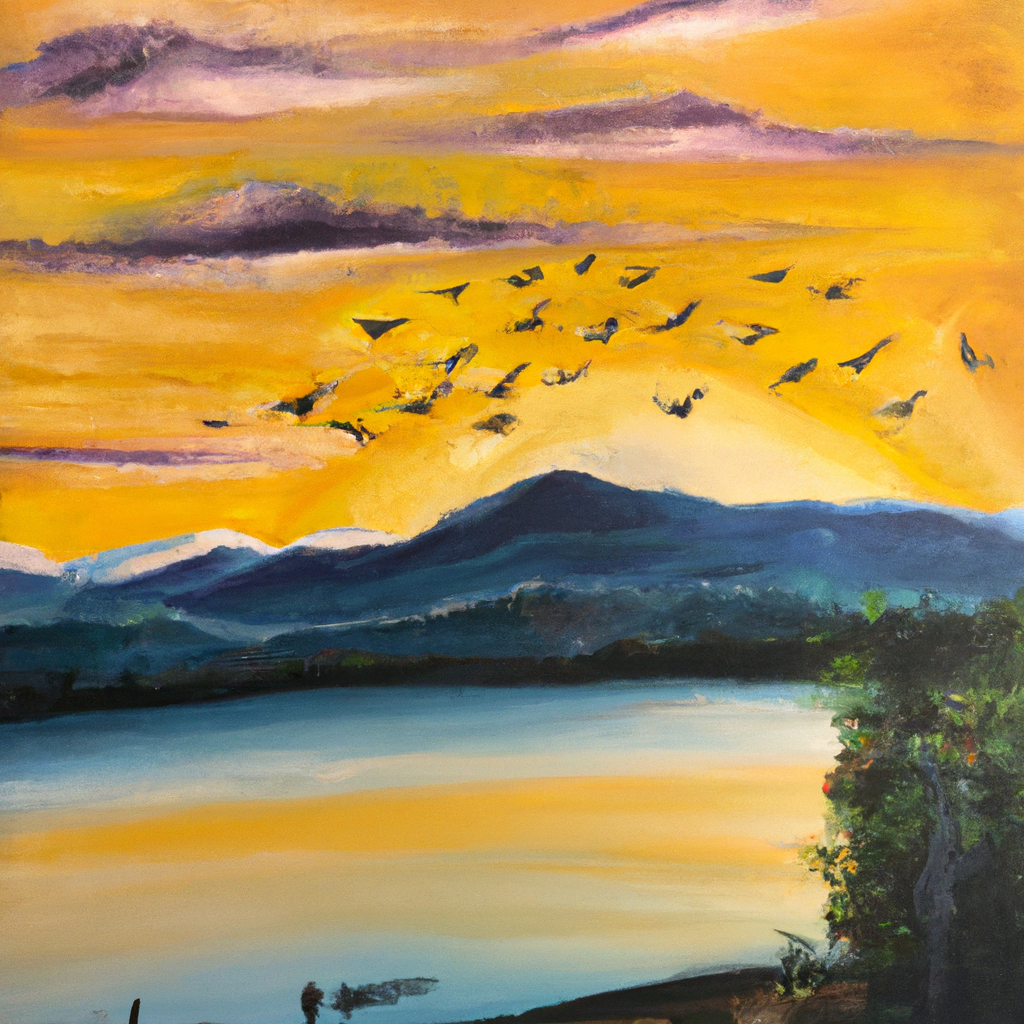 Image generated from Dall.e prompt 'An expressive oil painting of A beautiful sunrise over a calm lake, with the mountains in the background and birds singing joyfully.'