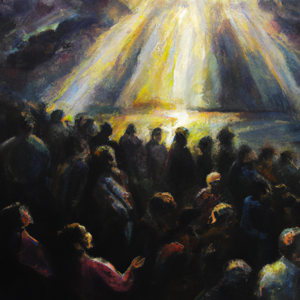 Image generated from Dall.e prompt 'An expressive oil painting of People's behavior reflecting God's goodness, kindness and forgiveness, like rays of warm sunlight shining through dark clouds.'