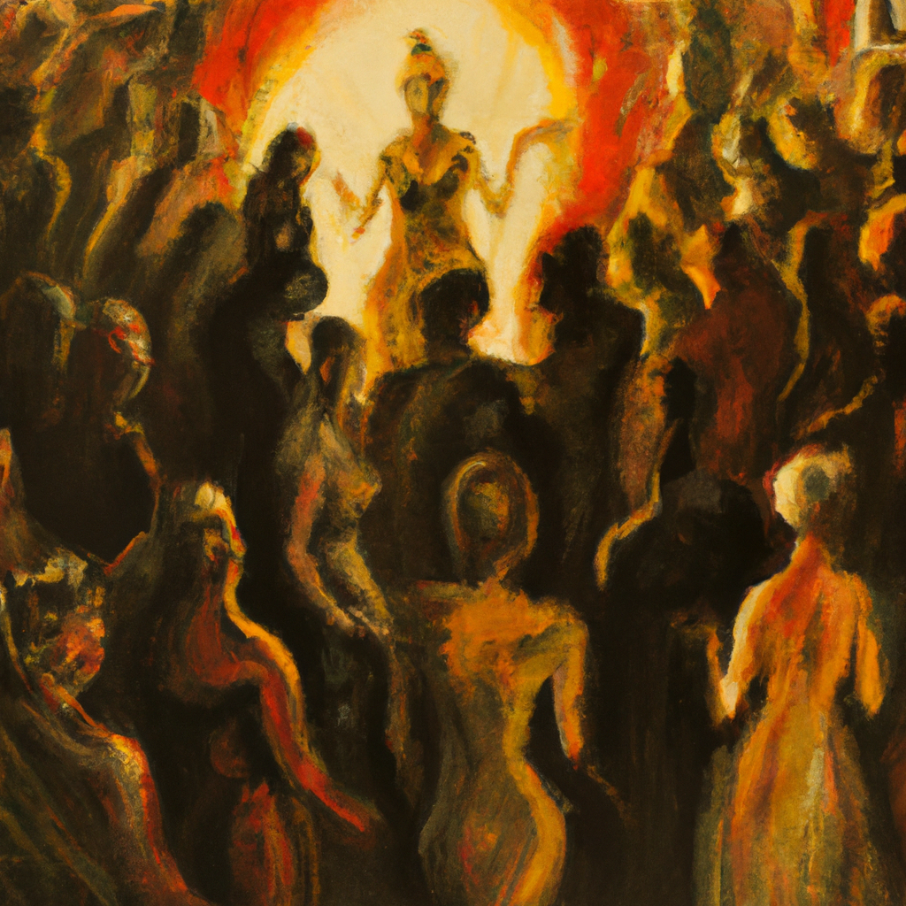 Image generated from Dall.e prompt 'An expressive oil painting of A radiant figure surrounded by a crowd, offering sustenance while skeptics debate in the shadows.'