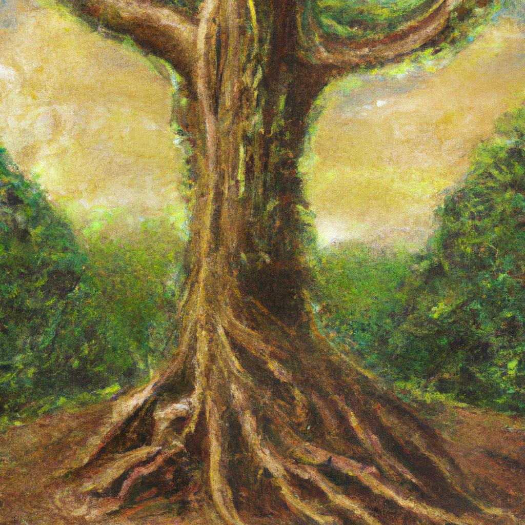 Image generated from Dall.e prompt 'An expressive oil painting of A tall, sturdy tree standing firm in the light, its roots deeply grounded in rich, nourishing soil.'