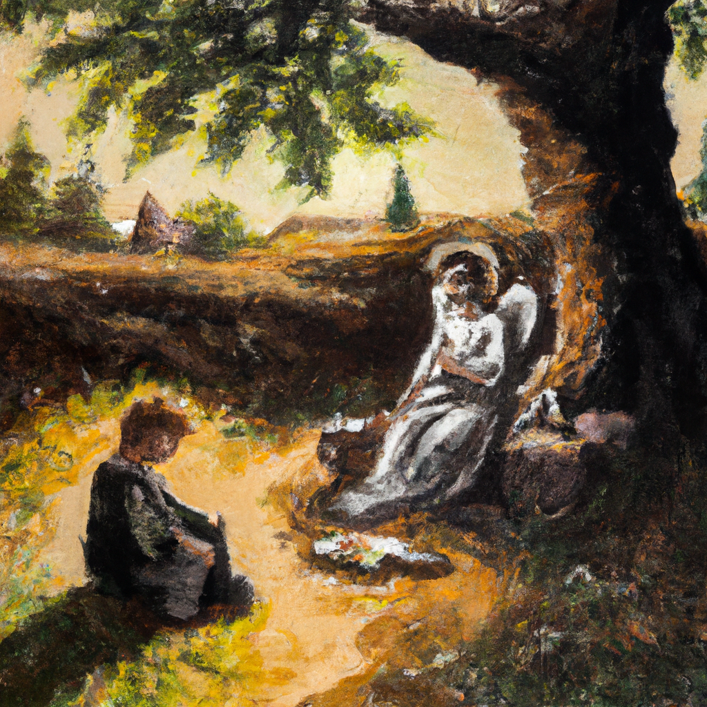 Image generated by AI from Dall.e prompt 'An expressive oil painting of Elijah exhausted, resting under a tree, visited by an angel offering bread and water.'